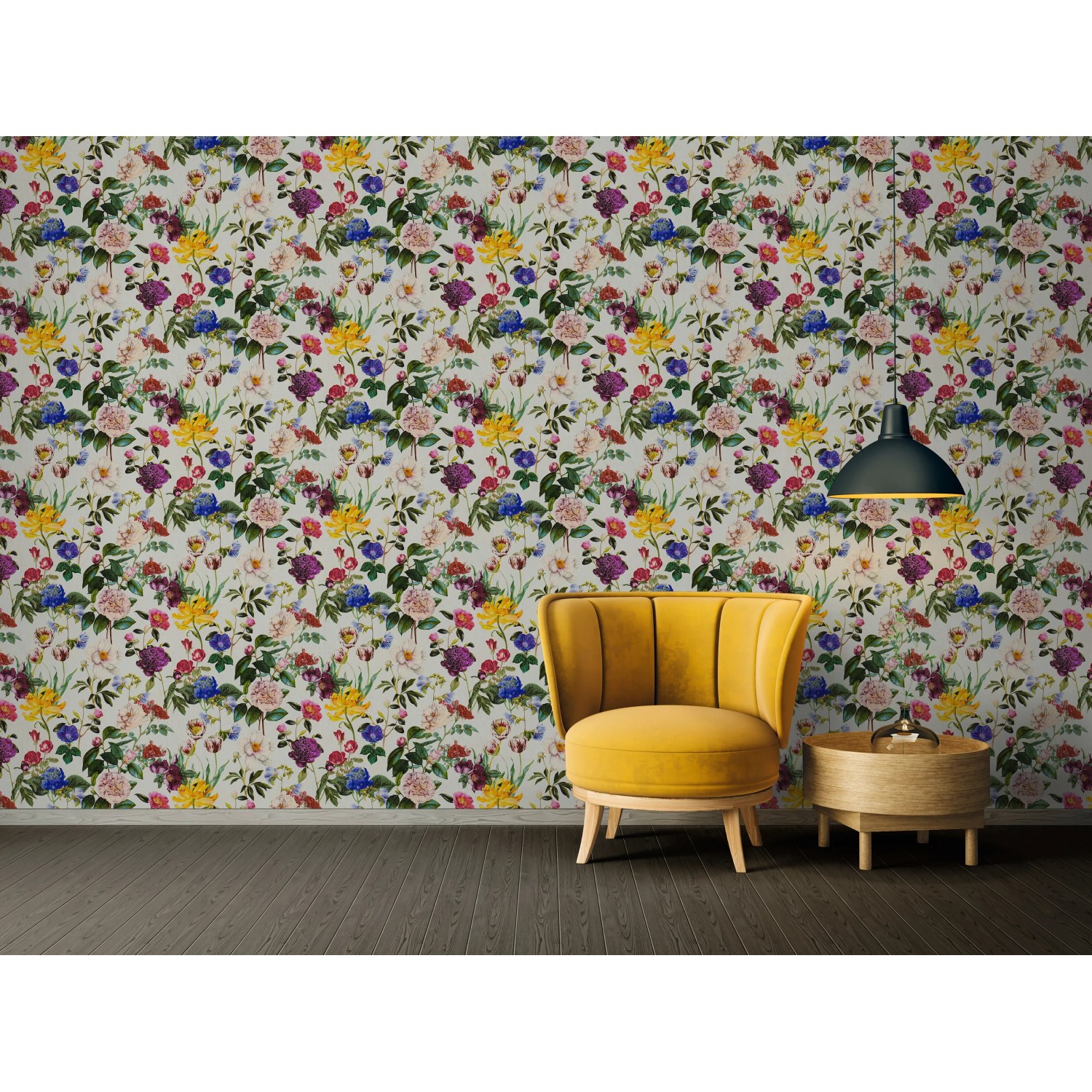 Jette Joop Vliestapete Blumen Creme-Grün im Raum mit Sessel und Lampe.
