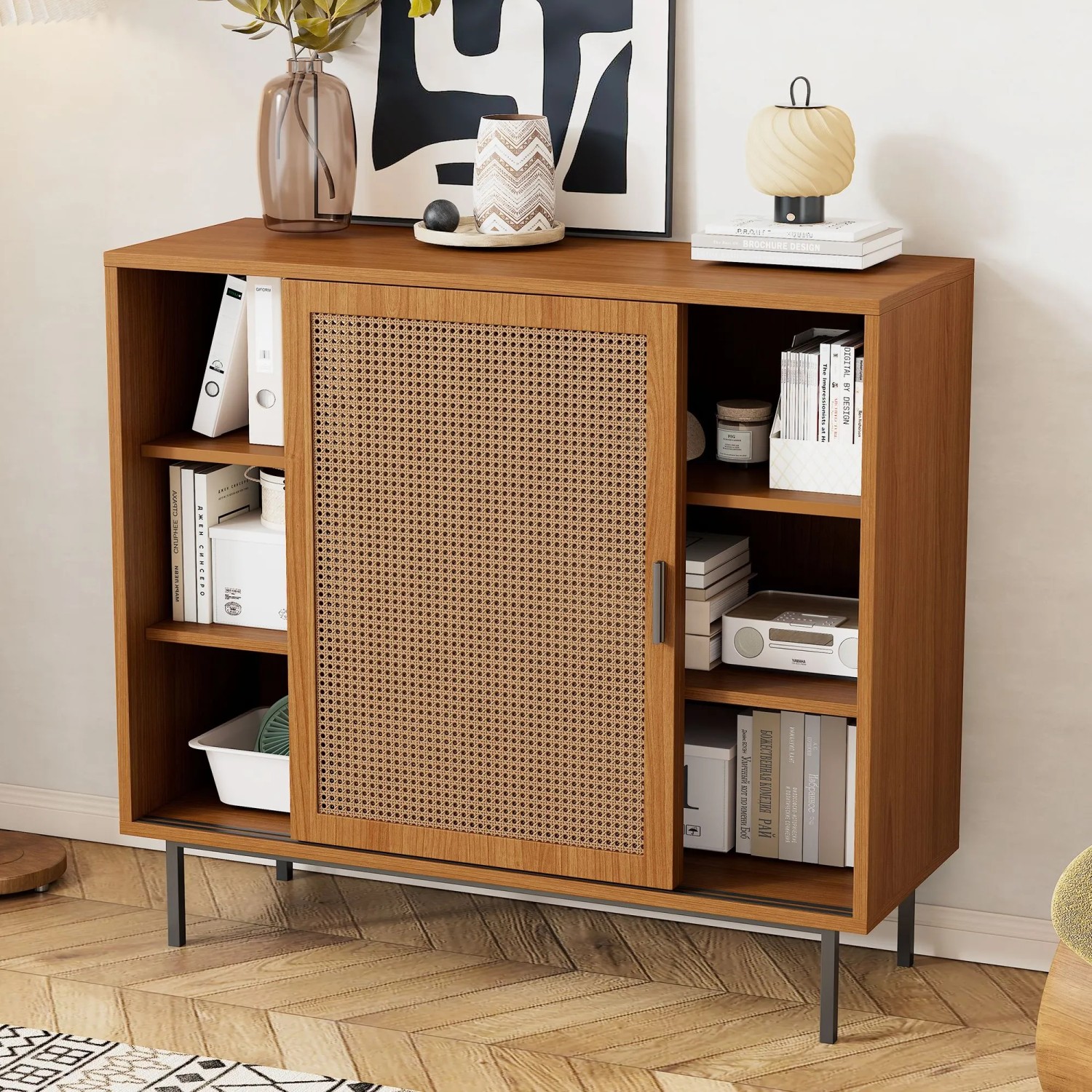 okwish Sideboard mit 2 Schiebetüren Ablage Wohnzimmer 100x90x37cm Braun_3
