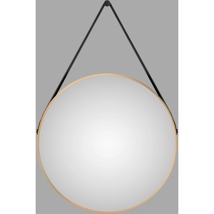 Runder DSK Design Wandspiegel Silver Coiffeur Ø 80 cm mit goldenem Rahmen und Lederband.