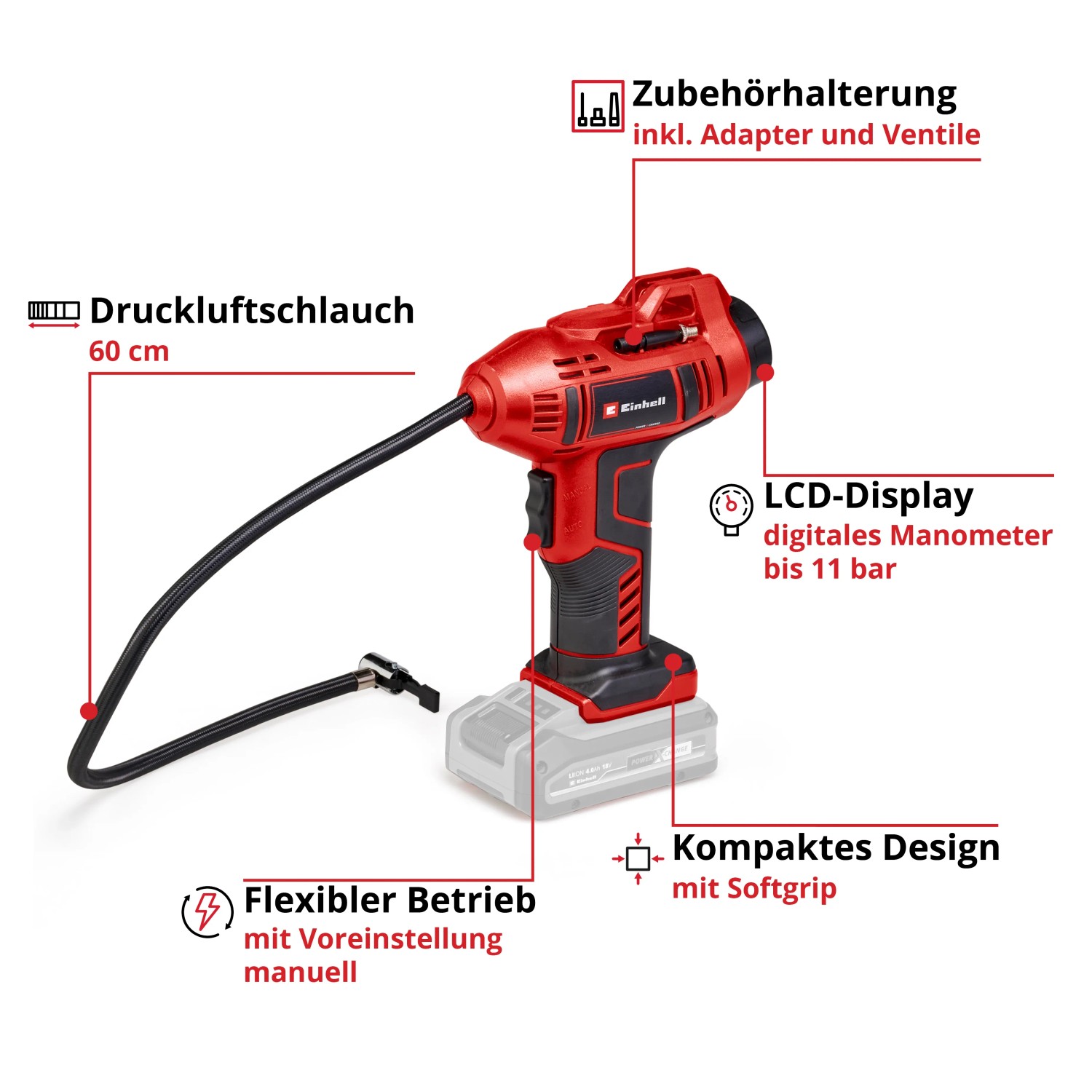 Einhell Akku-Autokompressor CE-CC 18 Li-Solo: Roter, kabelloser Kompressor mit Schlauch und digitaler Anzeige.