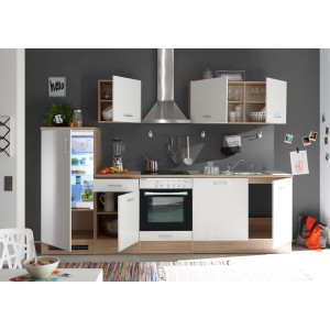 Respekta Küchenzeile KB280ENWPC in Weiß und Eiche-Natura Nachbildung mit E-Geräten.