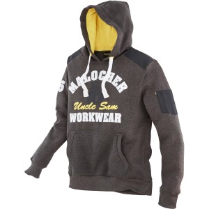 Uncle Sam Kapuzenpullover Oliv-Gelb Gr. M mit Kängurutasche und Workwear-Print.