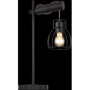 Globo Tischleuchte Mina, schwarz matt, mit Holzdetails und Lampenschirm aus Metallgitter.