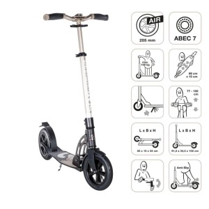 Goldfarbener Aluminium Scooter mit 205mm Luftbereifung, Klappmechanismus und höhenverstellbarem Lenker. ABEC 7 Kugellager.