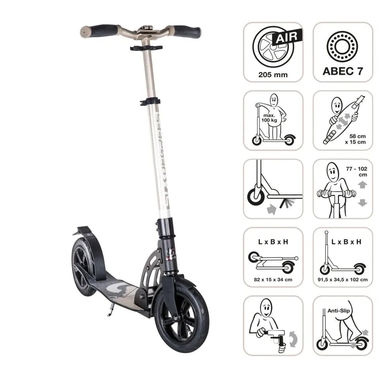 Goldfarbener Aluminium Scooter mit 205mm Luftbereifung, Klappmechanismus und höhenverstellbarem Lenker. ABEC 7 Kugellager.