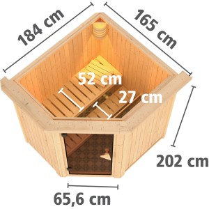 Karibu Sauna Tjorven mit Ofen, Glastür und LED-Dachkranz. Elementsauna mit Bänken und Ofenschutzgitter.