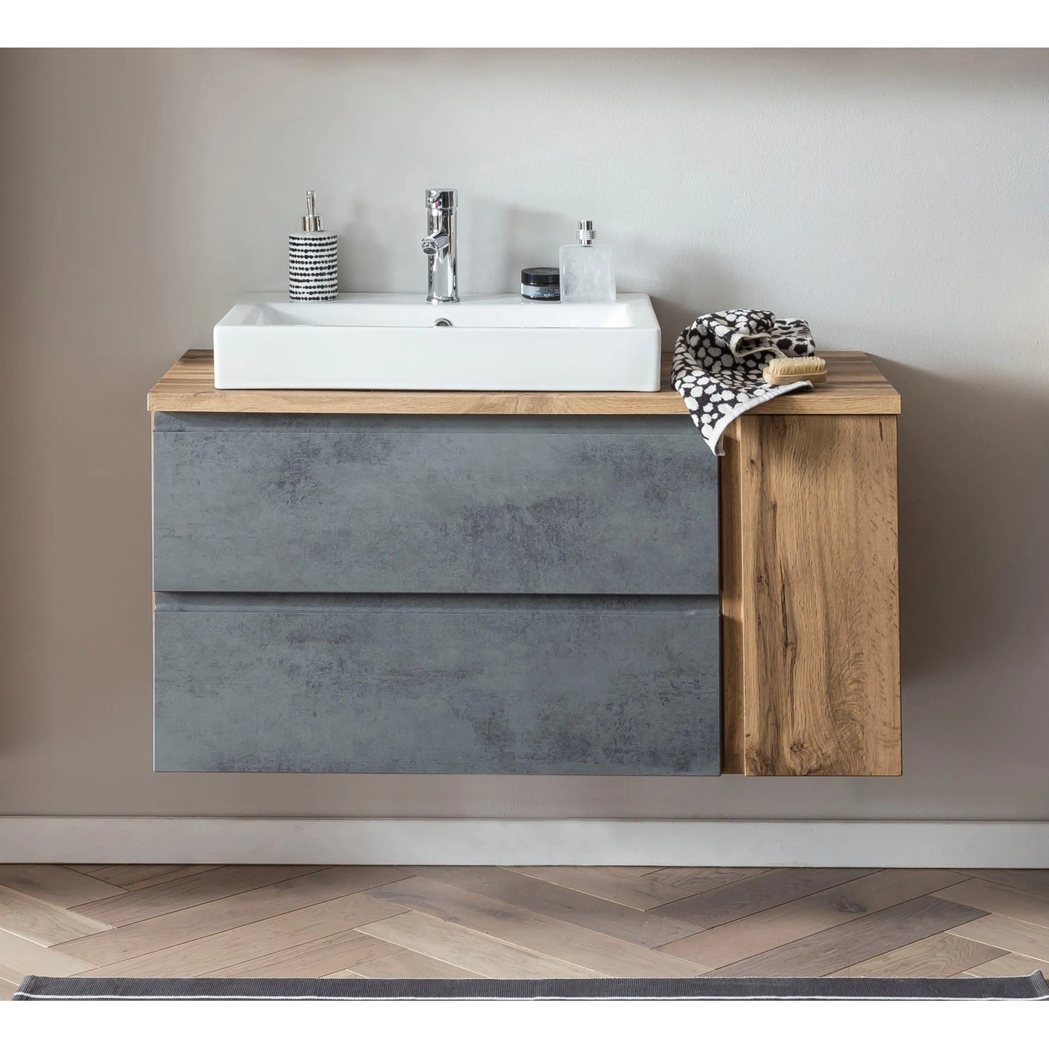 Held Möbel Waschtisch Ancona, 105 cm, Betongrau und Wotaneiche mit Becken rechts.