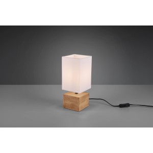 Moderne Reality Design-Tischlampe Woody mit Holzfuß und weißem Stoffschirm.