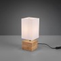 Moderne Reality Design-Tischlampe Woody mit Holzfuß und weißem Stoffschirm.
