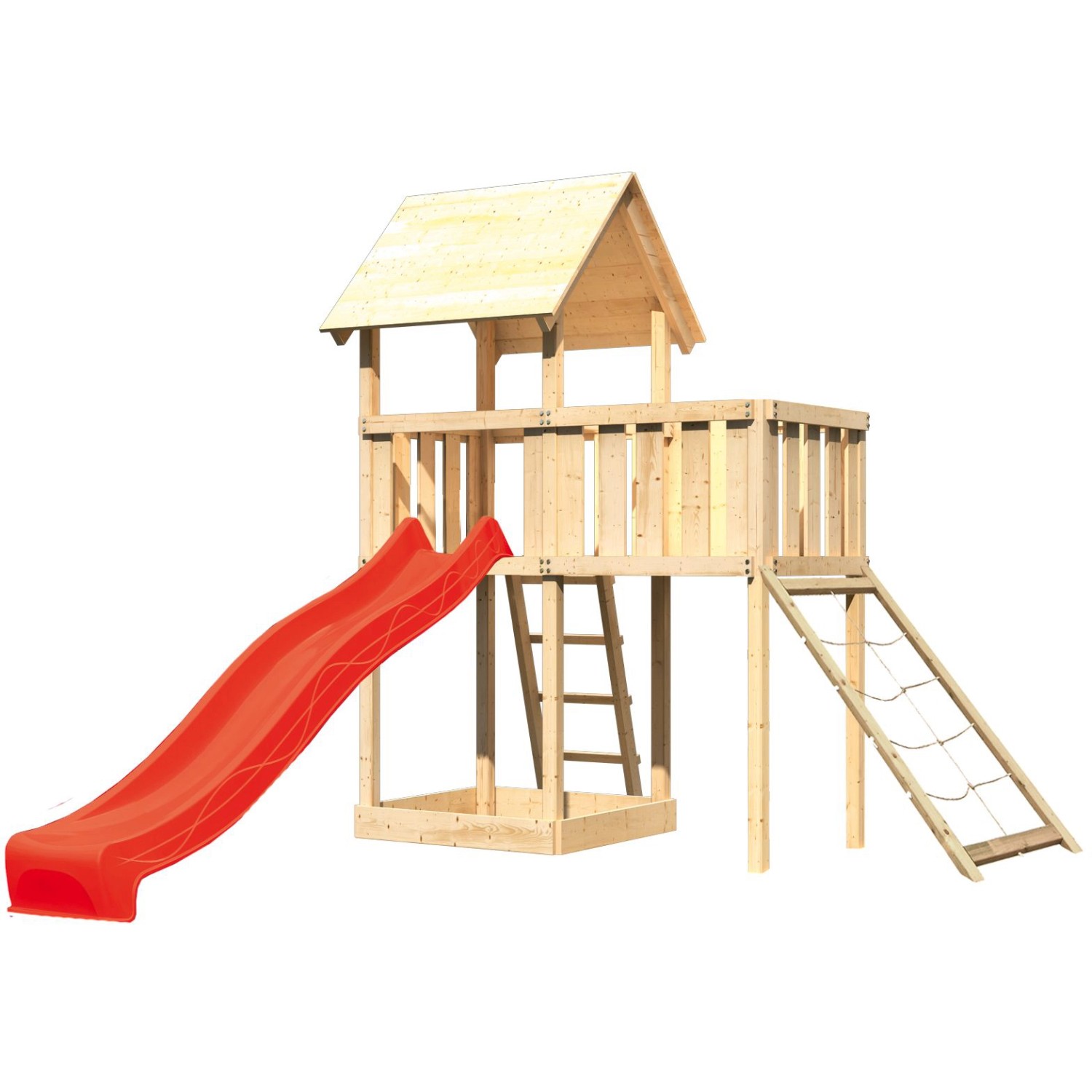 Karibu Spielturm Lotti mit roter Rutsche, Netzrampe und Anbauplattform aus Holz.