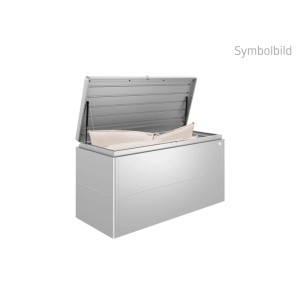 Biohort Loungebox 160 Silber-Metallic, offen mit Sitzkissen. Regenwasserdichte Universalbox für Gartenzubehör.