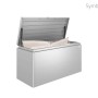 Biohort Loungebox 160 Silber-Metallic, offen mit Sitzkissen. Regenwasserdichte Universalbox für Gartenzubehör.