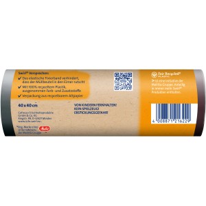Verpackung Swirl Fixierband-Müllbeutel, 10 Liter, 15 Stück, mit Hinweisen zu recyceltem Material und Fixierband.