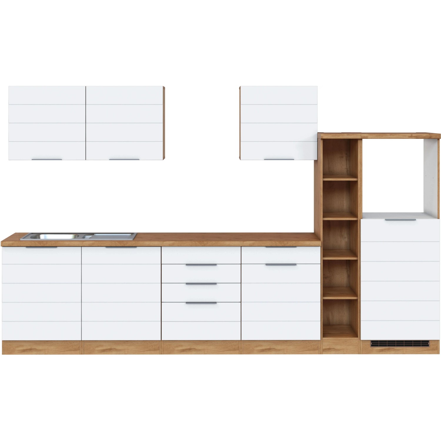 Moderne Küchenzeile in Weiß und Wotaneiche, 330 cm breit, ohne Elektrogeräte.