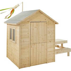 Soulet Kinderspielhaus Tiana aus Holz mit Fenster, Tür und Picknicktisch.