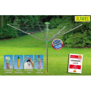 Juwel Wäschespinne Novaplus Evolution Lift, titan-grün, mit Zubehör im Garten.