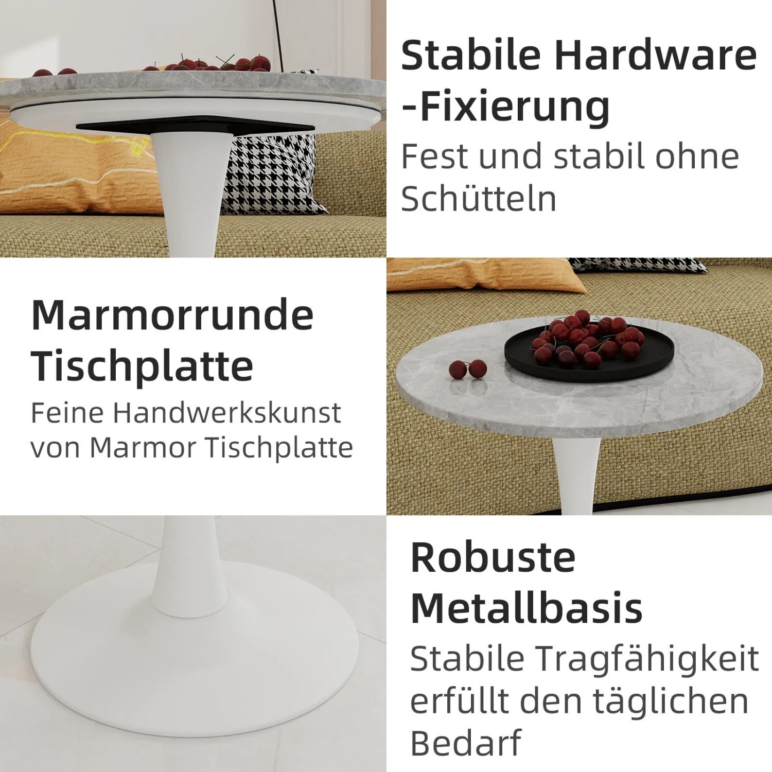 okwish Couchtisch mit Marmor Tischplatte Wohnzimmer Esszimmer 70x70x72cm Weiß Grau_6