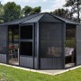 Sojag Pavillon Charleston 384x384 cm mit Stahl Dach, Moskitonetzen und Schiebetüren im Garten.