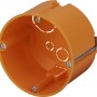 Orangefarbene Hohlwanddose Ø 68 mm x 45 mm mit Spreizkrallen und Ausbrechöffnungen.