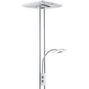 Moderner, eckiger LED-Deckenfluter mit Leseleuchte, Chromoptik, ca. 180 cm hoch.