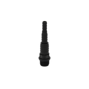 Schwarze Stufen-Schlauchtülle, 21 mm (G 1/2) AG auf 19/13/10 mm, aus PP für Regentonnen und Bewässerung.