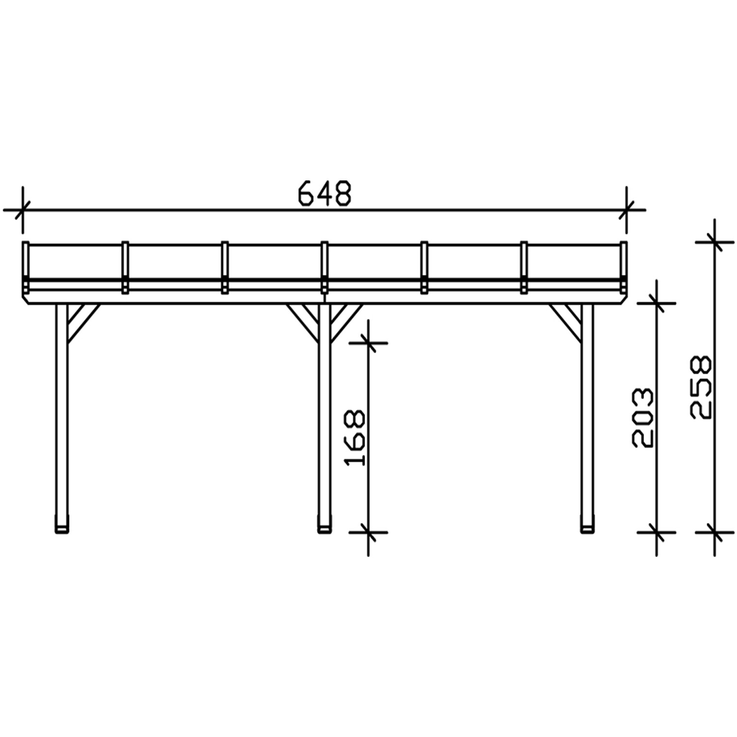 Technische Zeichnung: Skan Holz Terrassenüberdachung Andria, 648x250 cm, Leimholz Nussbaum, Maße