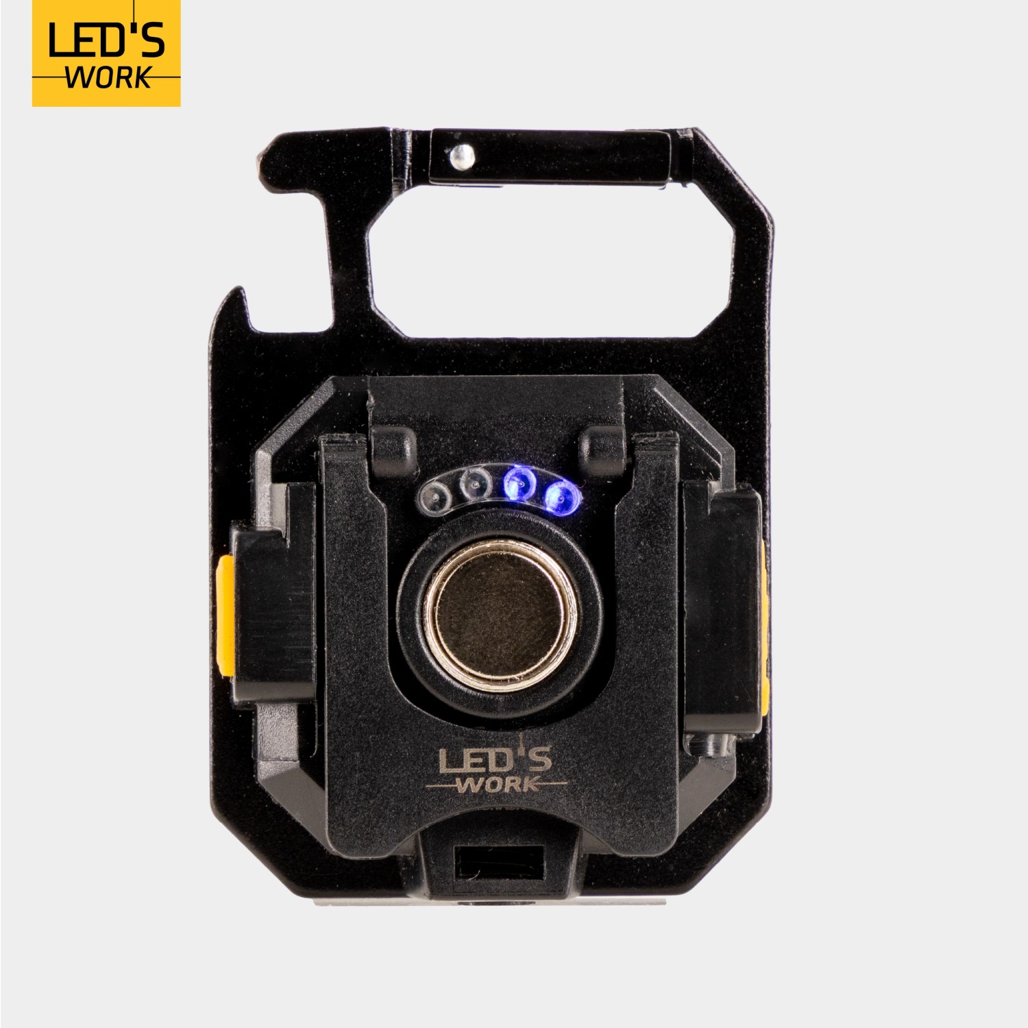 LED's Work Akku-Taschenlampe mit Schlüsselanhänger, dimmbar, mit Flaschenöffner und Karabinerhaken.