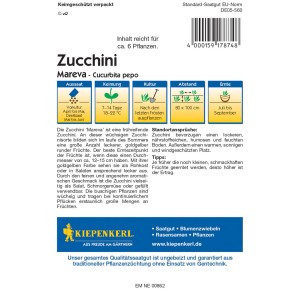Samenpackung Kiepenkerl Zucchini Mareva F1-Hybride mit Infos zu Aussaat, Ernte und Eigenschaften.