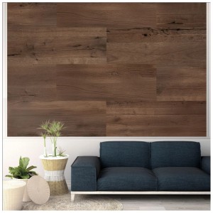 Amadeo OSB Eichenfurnier Wandvertäfelung in Vintage-Eiche, dunkelbraun, an einer Wand im Wohnbereich.