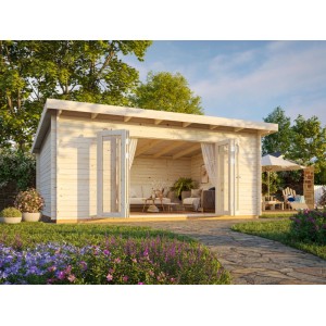 Helles Holz-Gartenhaus Palmako Lea mit Pultdach, offenen Türen und eingerichtetem Innenraum im Garten.