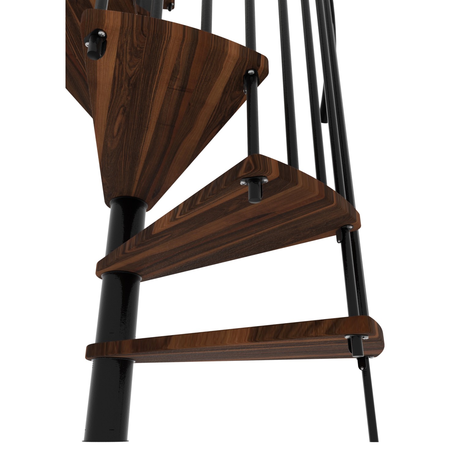 Detailaufnahme: Minka Spindeltreppe Spiral Smart, Walnussfarbene Holzstufen, schwarzes Metallgeländer.