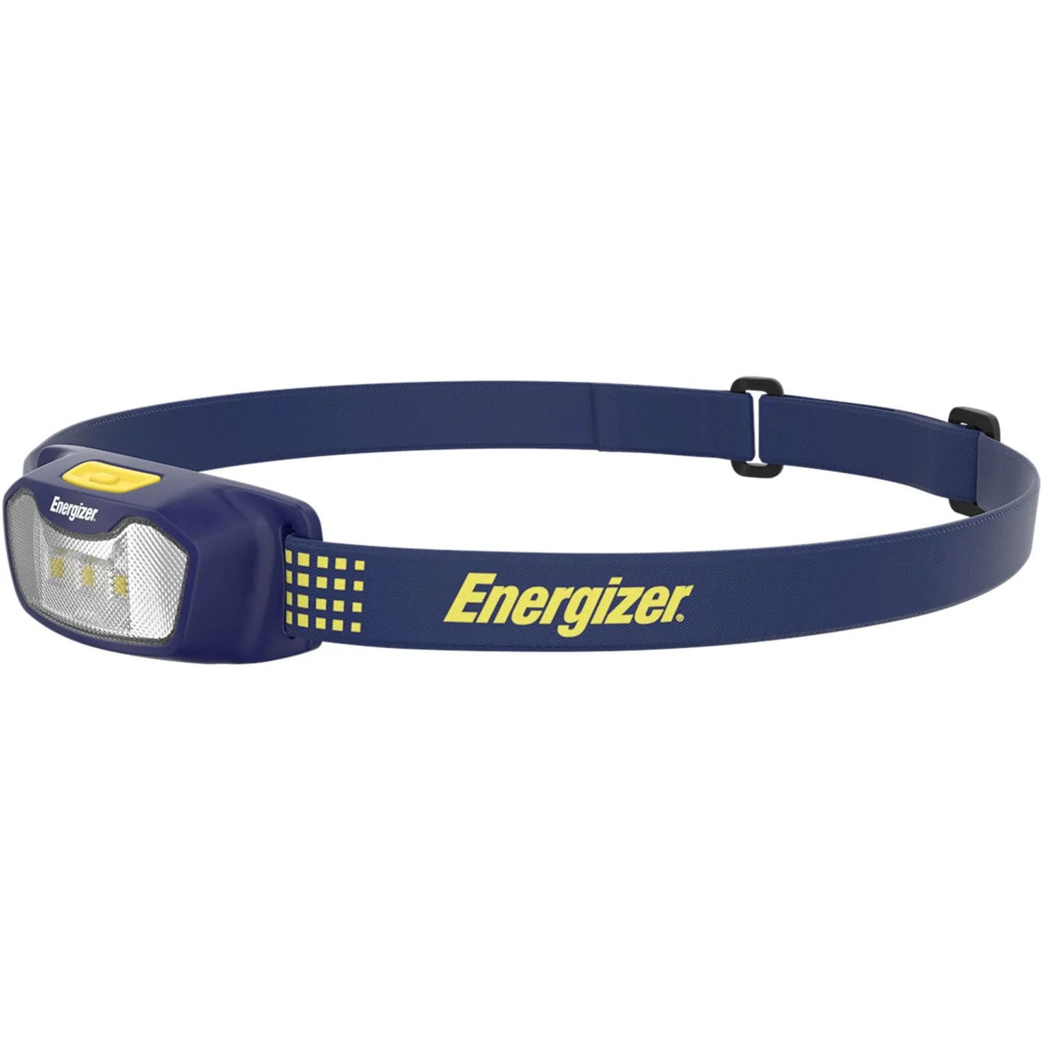 Energizer Compact Sport Kopflampe, blau, mit gelbem Logo und Knopf. Inkl. Batterien.