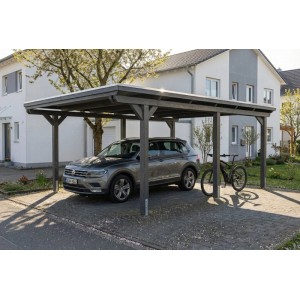 Schiefergrauer Leimholz-Carport Skan Holz Emsland mit Flachdach und EPDM-Folie, schützt Auto und Fahrrad.