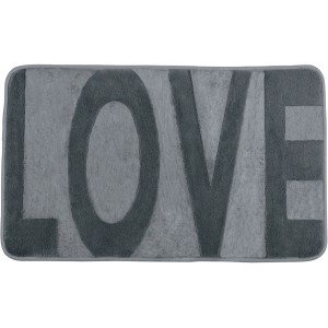 Grauer Wenko Badteppich Memory Foam Love, 50x80 cm, mit Schriftzug.