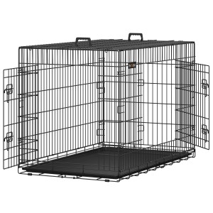 Schwarzer Feandrea Hundekäfig (122x74,5x80,5 cm) aus Metalldraht mit zwei offenen Türen.