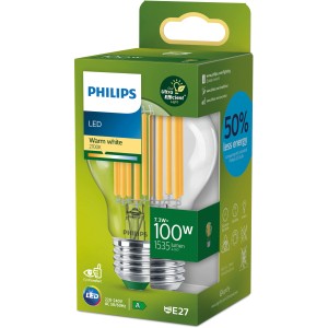 Philips LED-Lampe E27, ultraeffizient, 7,3W, 1535lm, Glühlampenform, warmweißes Licht im Karton.