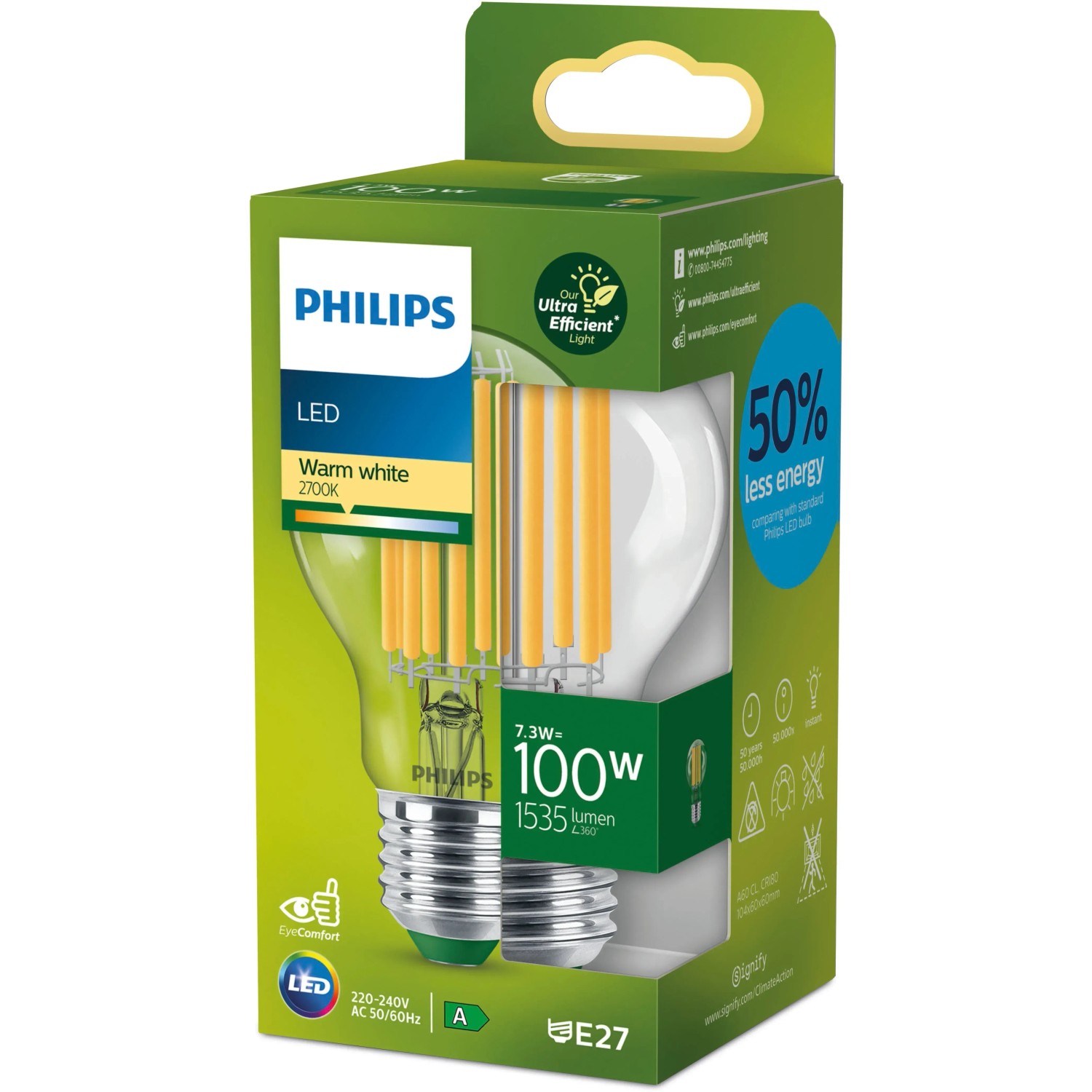 Philips LED-Lampe E27, ultraeffizient, 7,3W, 1535lm, Glühlampenform, warmweißes Licht im Karton.