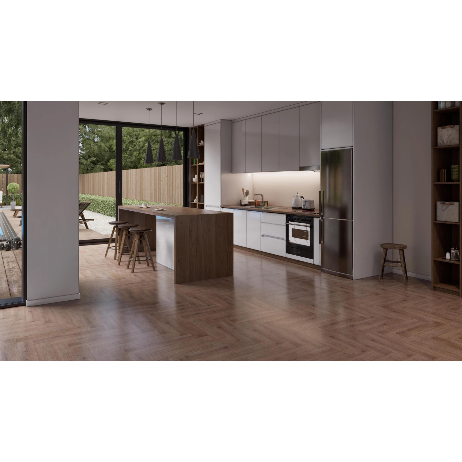 Verlegter Check One Click-Vinylboden Boxbach Eiche im modernen Küchenambiente.