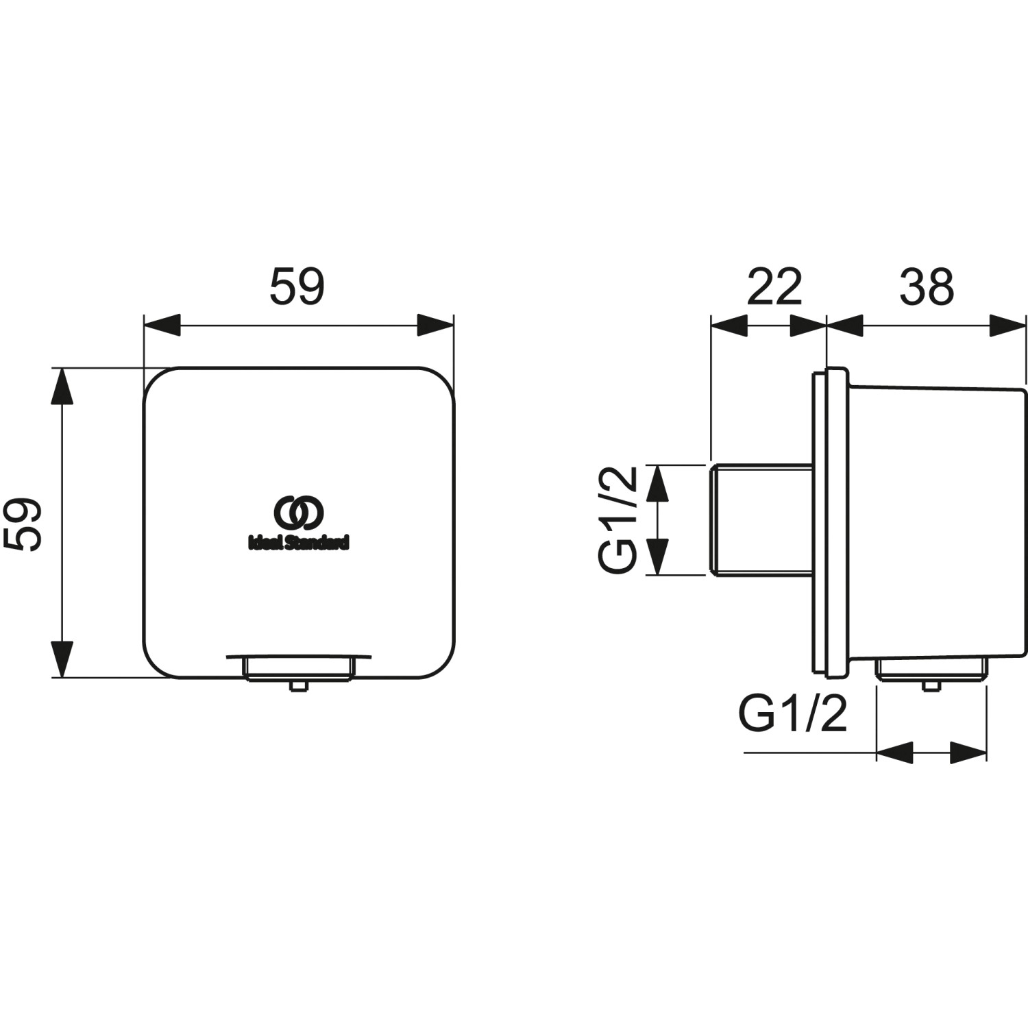 Technische Zeichnung: Ideal Standard Idealrain Atelier Brauseschlauchanschluss, eckig, Brushed Gold, Maße