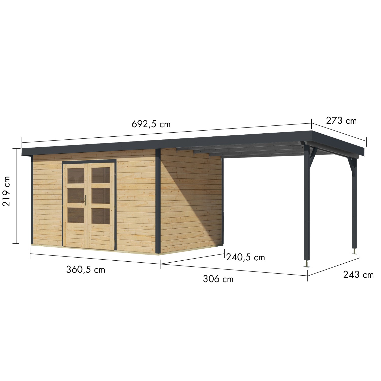 Karibu Gartenhaus Domingo 7 A mit Anbaudach, naturbelassen/anthrazit, mit Maßangaben.