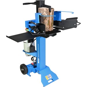 Güde Holzspalter GHS 500/7 TED, blau, mit Holzstück. Leistungsstarker Elektro-Holzspalter für den Heimgebrauch.