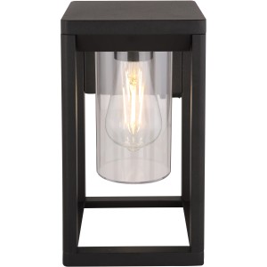 Schwarze Globo Außenleuchte Candela aus Aluminium, 27 cm hoch, mit klarem Zylinder.