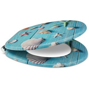 Sanfino WC-Sitz Blue Star, Toilettendeckel mit Absenkautomatik, Holz, hellblau mit Seesternen und Muscheln.