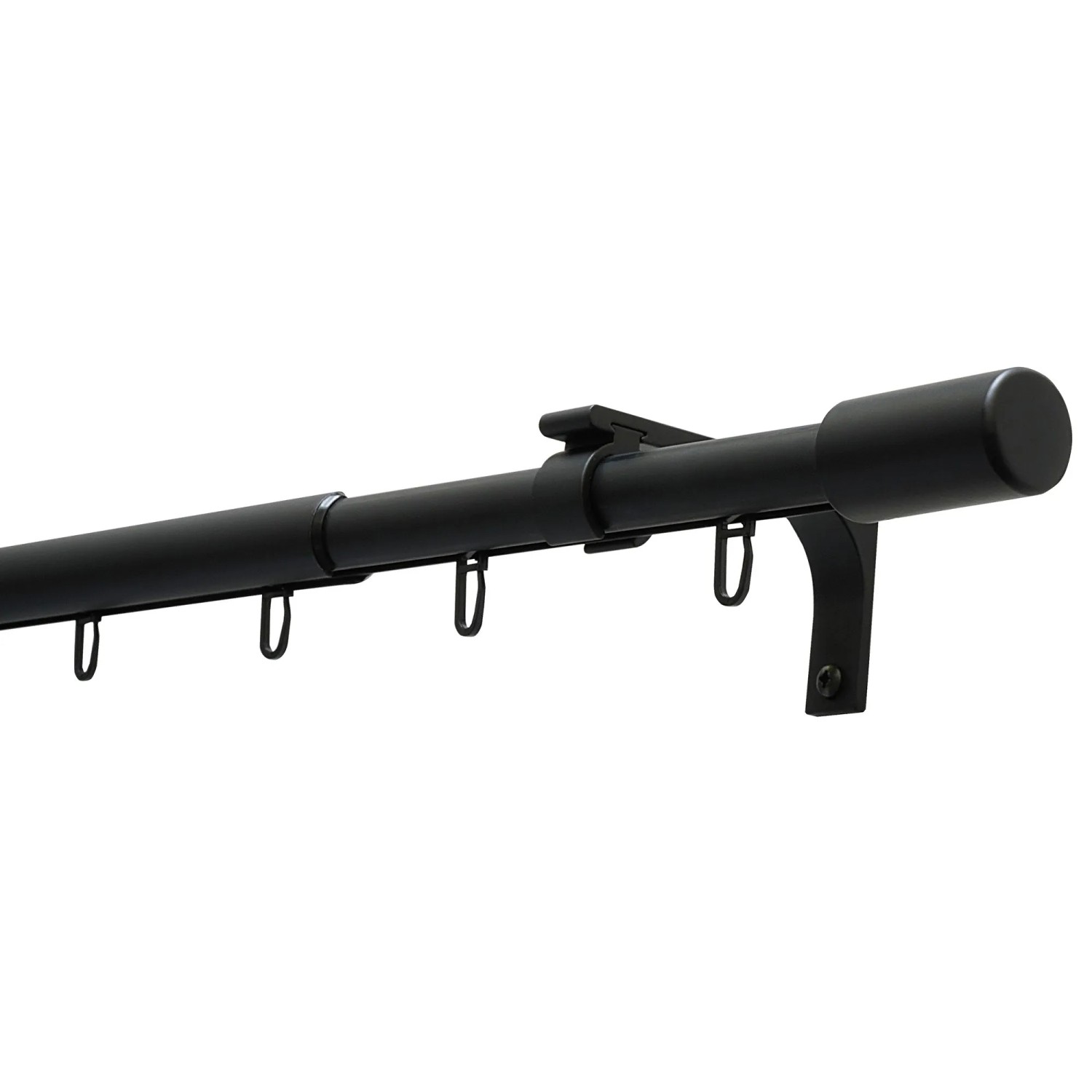 Schwarzes, ausziehbares Gardinia Gardinenstangen-Set Thasos (Ø 19/22 mm, 190-360 cm) mit Zubehör.