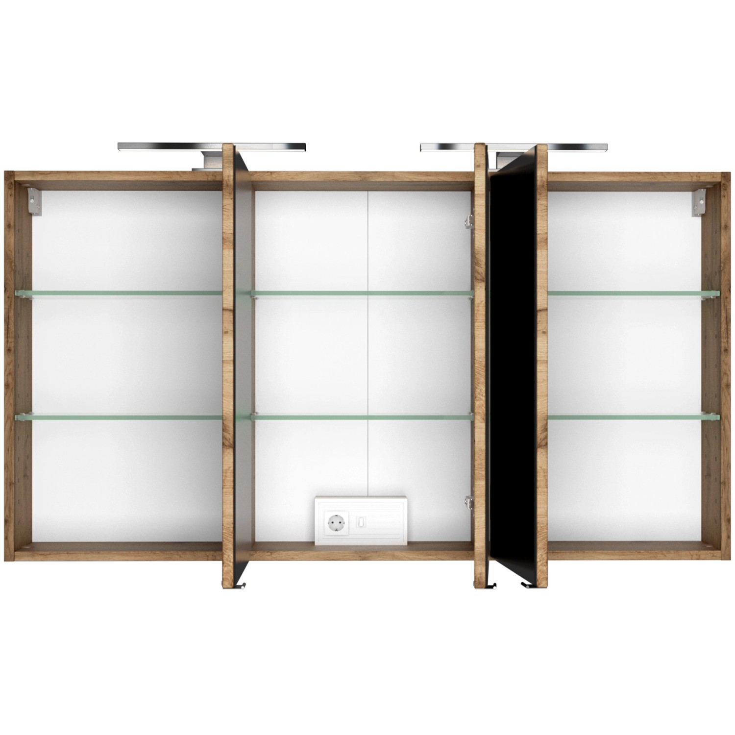 Held Möbel 3D-Spiegelschrank Bari 120 cm in Wotaneiche mit Glasböden und LED-Leuchten.