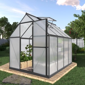 Floraworld Gewächshaus Grow III mit geöffneter Tür und Dachfenstern, Aluminiumrahmen.