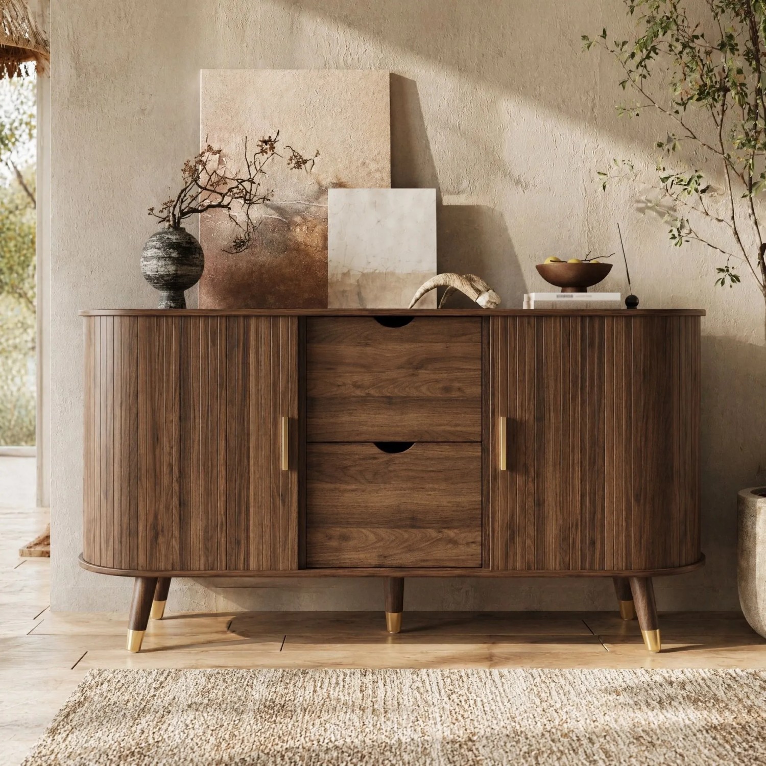 okwish Sideboard mit 2 Schiebetüren 2 Schubladen Wohnzimmer 140x79.5x40cm Braun_2