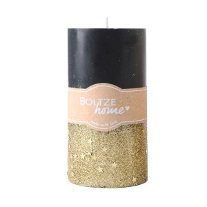 Zylindrische Stumpenkerze Praga, oben schwarz mit Glitzer, unten gold mit Sternen. Ideal für Dekoration.