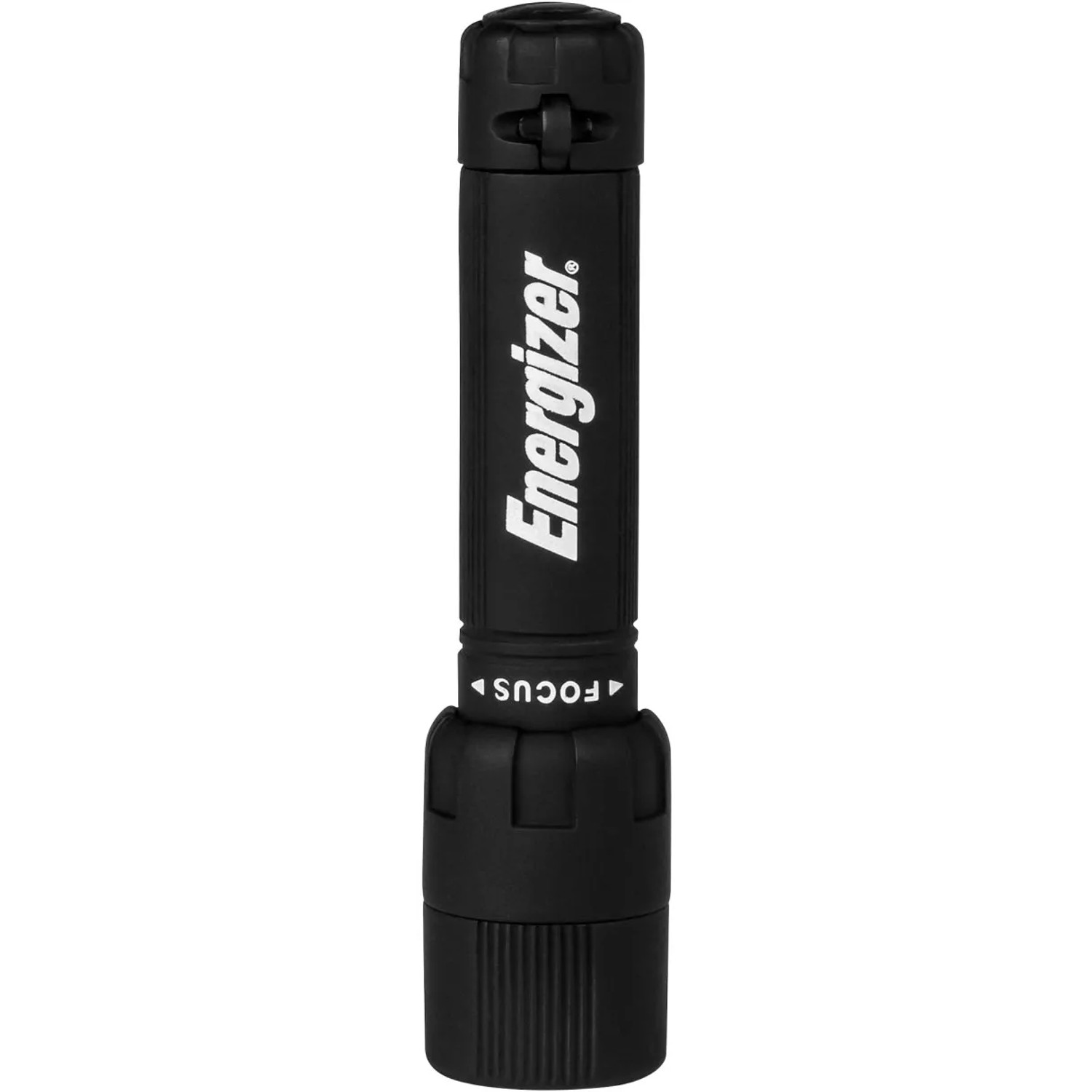 Schwarze Energizer X-Focus Taschenlampe mit Strahlfokussierung und Batterie.