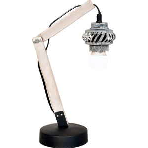 Graue Tischleuchte Rossa V im modernen Design mit Holz- und Eisenelementen.